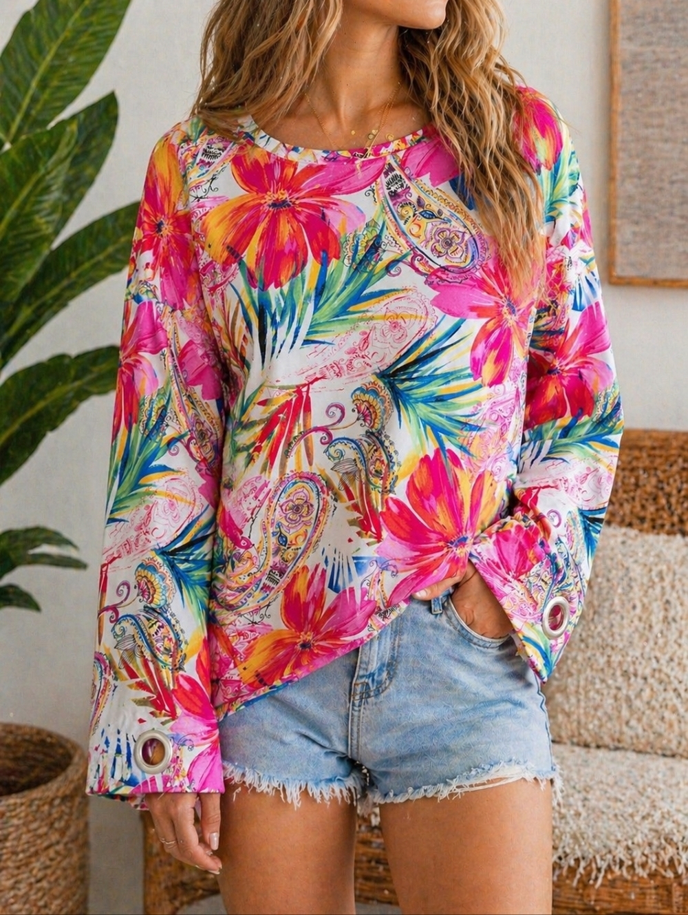 Kaktus Tropical Floral Crewneck Sweatshirt Oversized Lg Grommet Sleeves Cotton!